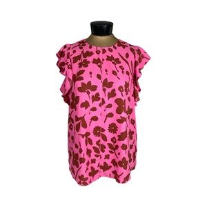 Kate Spade Splash Floral Crewneck Flutter Sleeve Keyhole Top Size M Pink Multi